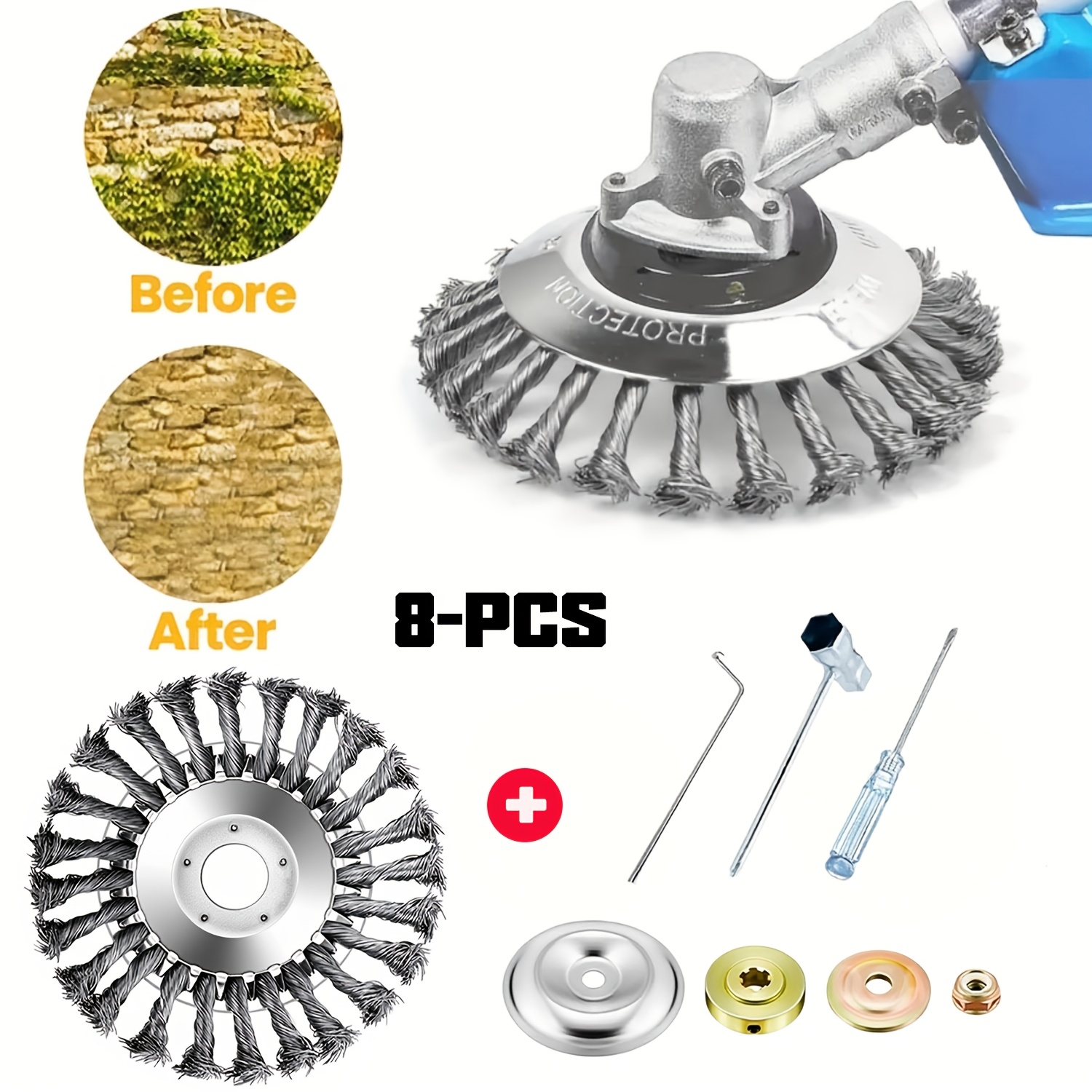 El juego de 8 cuchillas para cortacésped incluye un cabezal de cepillo de alambre resistente y un kit adaptador, un cabezal de cepillo de alambre para desherbar y un accesorio de cabezal de cepillo giratorio para cortacésped.