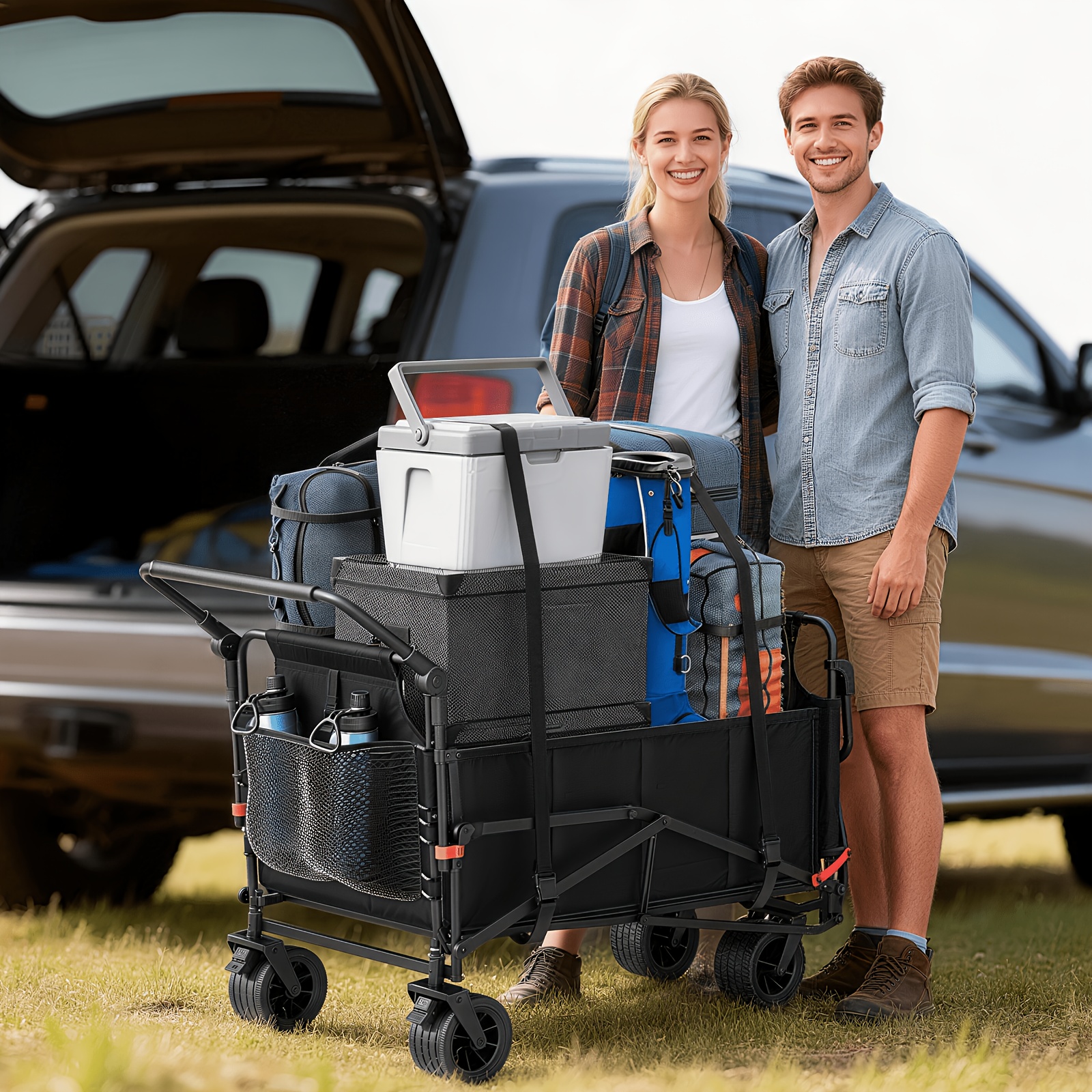 Carro plegable de alta resistencia LEVELEVE 2 en 1, carrito plegable con capacidad de 400 lb y 650 lb, ruedas todoterreno con frenos y bolsillos laterales