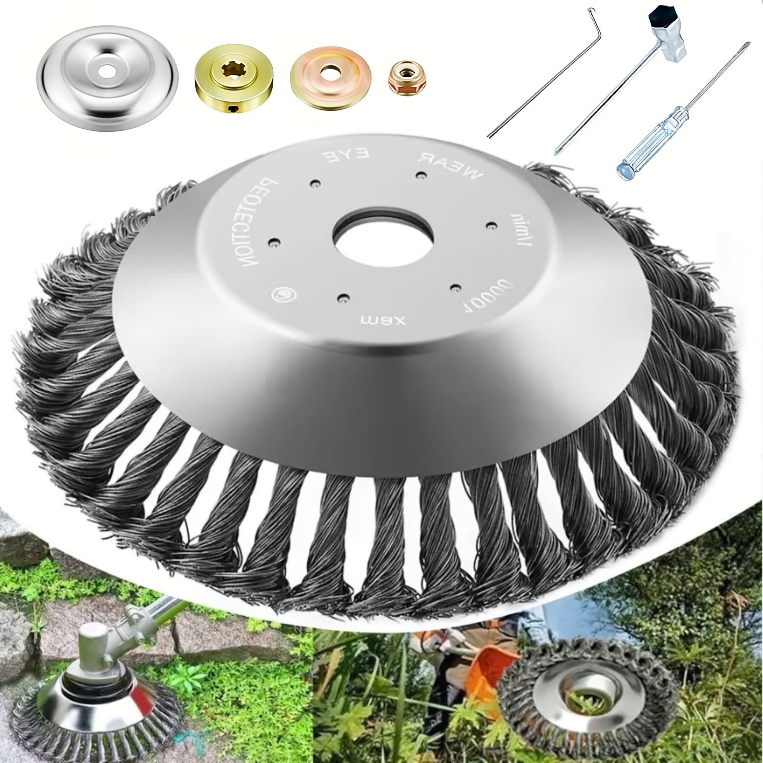 El juego de 8 cuchillas para cortacésped incluye un cabezal de cepillo de alambre resistente y un kit adaptador, un cabezal de cepillo de alambre para desherbar y un accesorio de cabezal de cepillo giratorio para cortacésped.