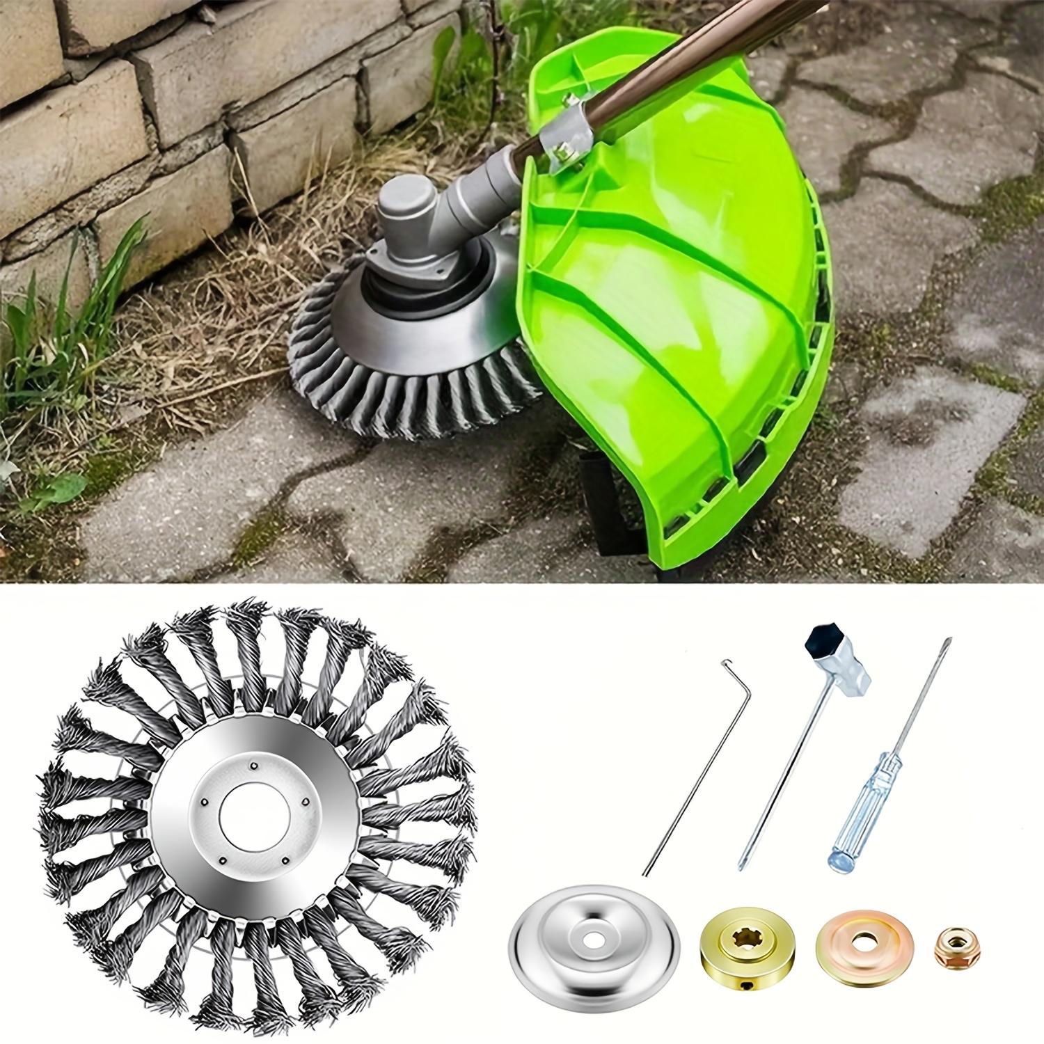 El juego de 8 cuchillas para cortacésped incluye un cabezal de cepillo de alambre resistente y un kit adaptador, un cabezal de cepillo de alambre para desherbar y un accesorio de cabezal de cepillo giratorio para cortacésped.