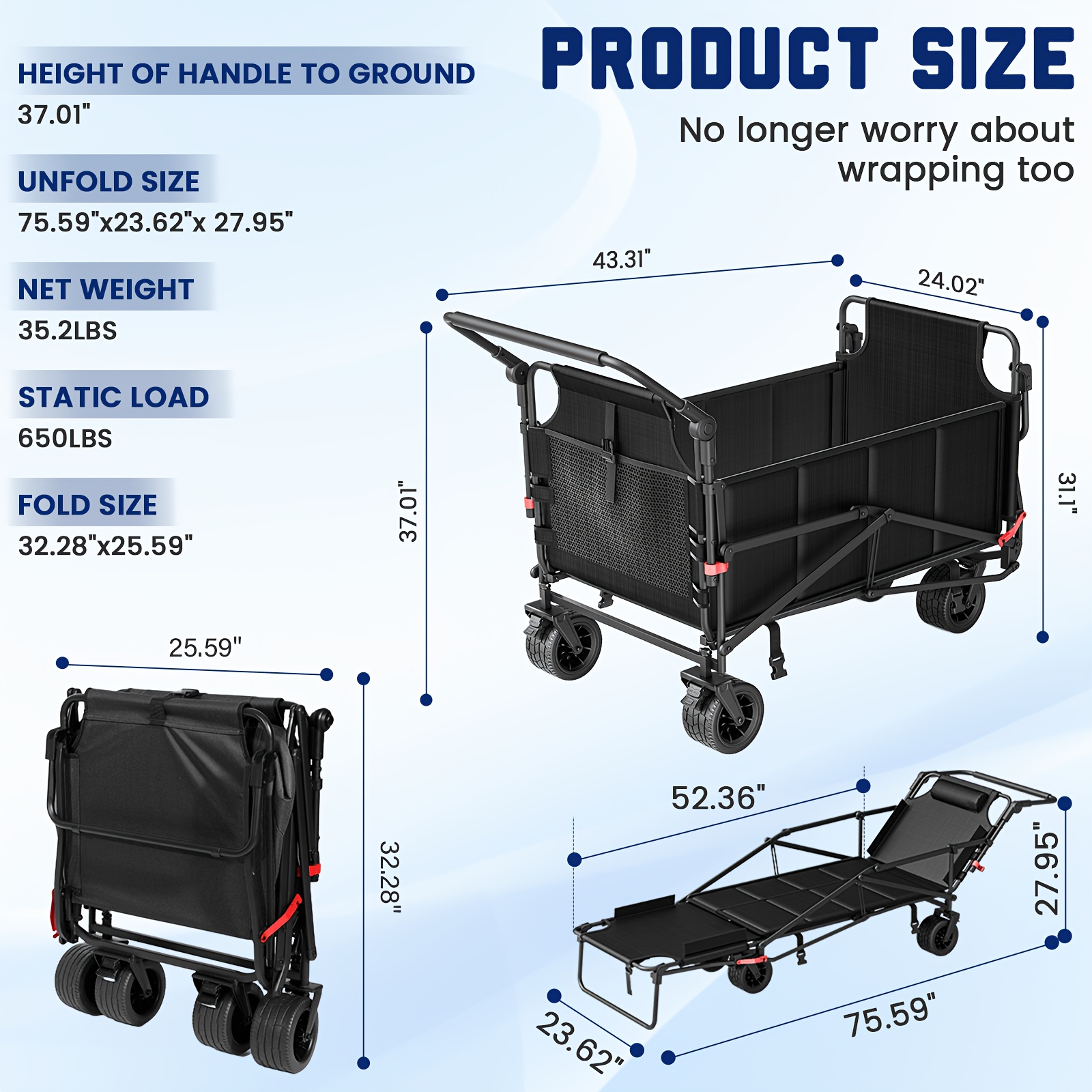 Carro plegable de alta resistencia LEVELEVE 2 en 1, carrito plegable con capacidad de 400 lb y 650 lb, ruedas todoterreno con frenos y bolsillos laterales