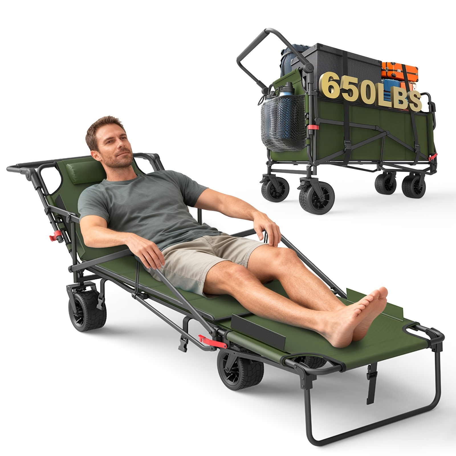 Carro plegable de alta resistencia LEVELEVE 2 en 1, carrito plegable con capacidad de 400 lb y 650 lb, ruedas todoterreno con frenos y bolsillos laterales