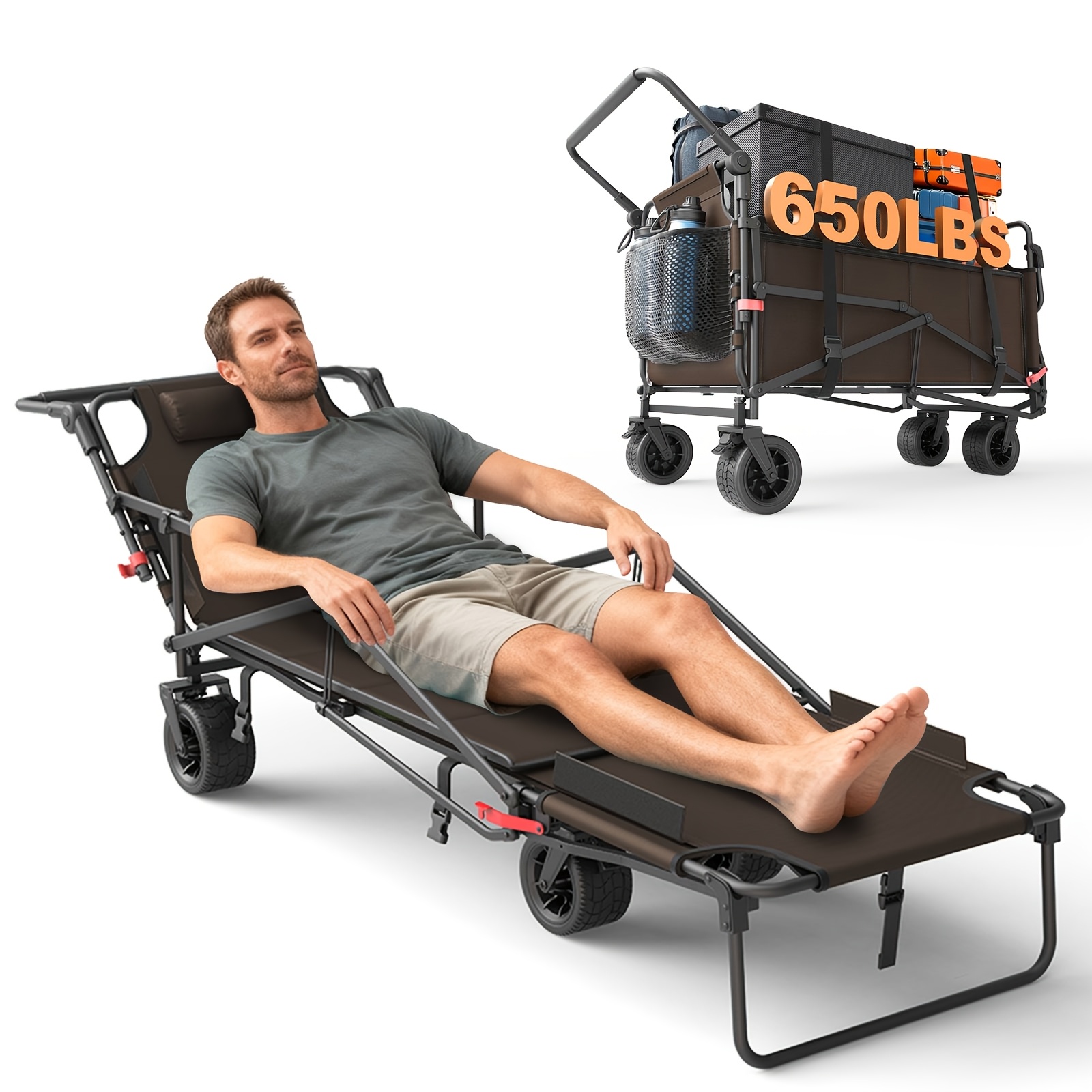 Carro plegable de alta resistencia LEVELEVE 2 en 1, carrito plegable con capacidad de 400 lb y 650 lb, ruedas todoterreno con frenos y bolsillos laterales