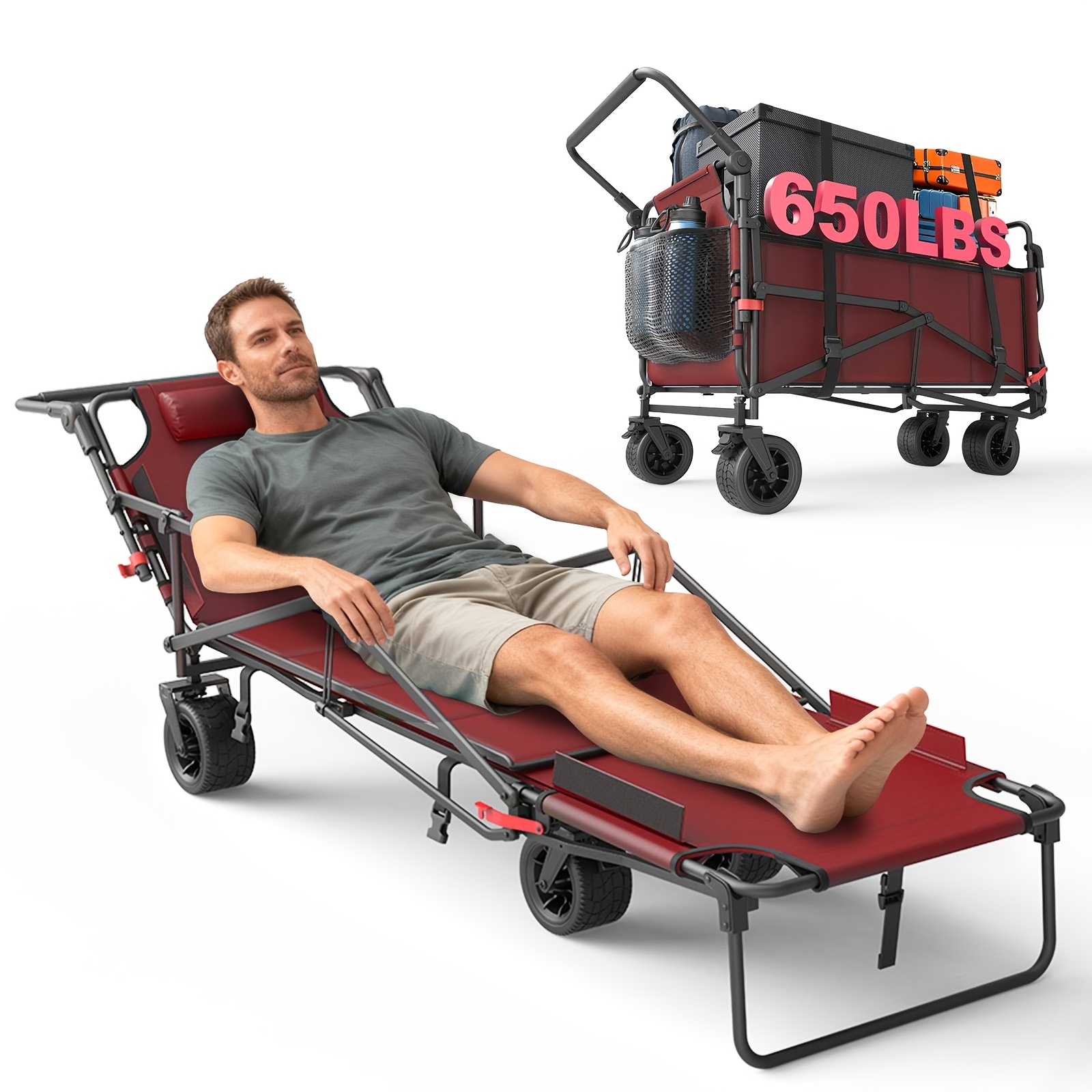 Carro plegable de alta resistencia LEVELEVE 2 en 1, carrito plegable con capacidad de 400 lb y 650 lb, ruedas todoterreno con frenos y bolsillos laterales