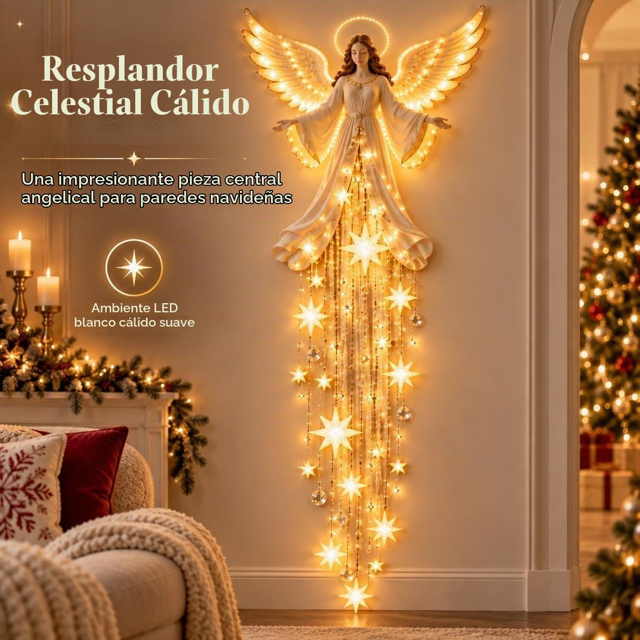 Genérico Aplique Angel Blessing, 2026 ángel navideño Starglow en Cascada con Estrellas Brillantes, decoración navideña con LED para el Dormitorio y el hogar, luz Nocturna cálida y Celestial (#B-2pc)