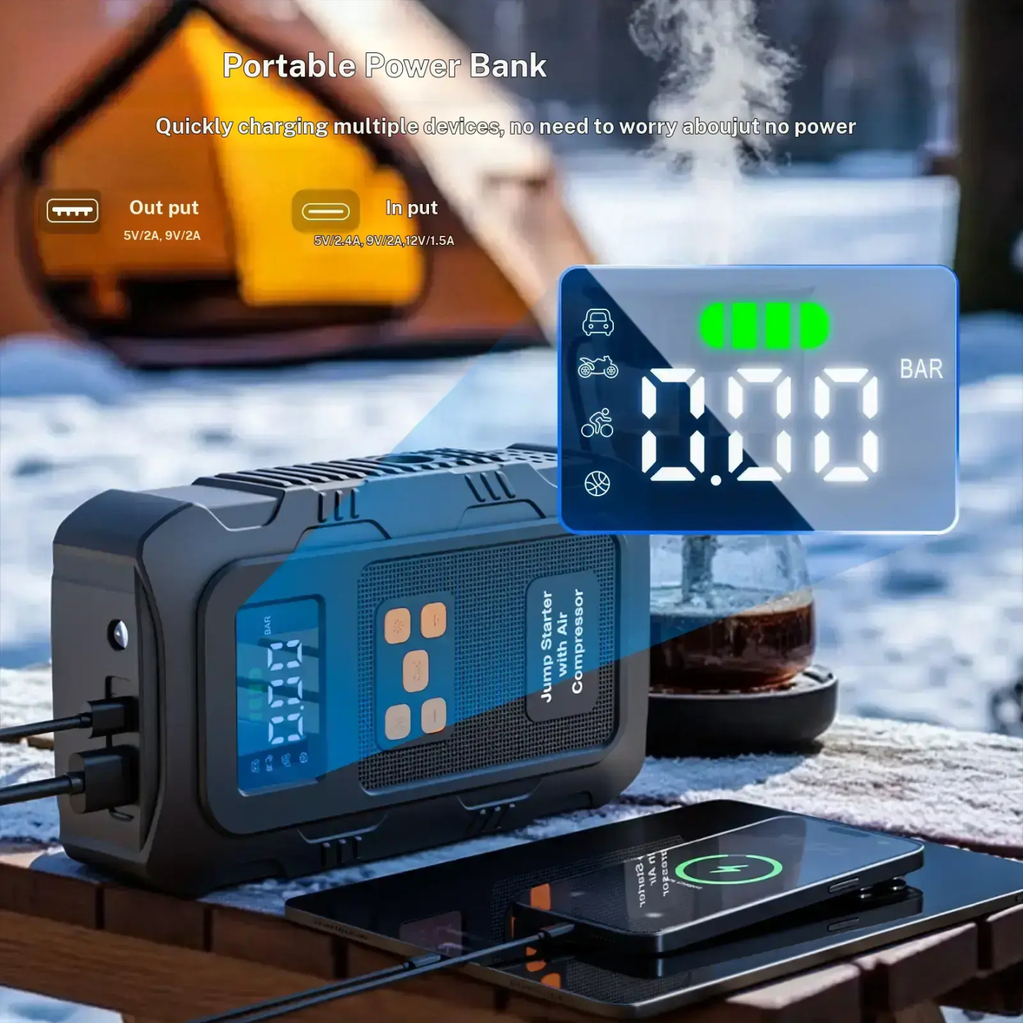 【POVASEE】 Arrancador portátil todo en uno de 6000 A/24000 mAh con batería externa de 12 V y compresor de aire de 150 PSI para arranque de coche e inflado de neumáticos. Pantalla LCD inteligente.