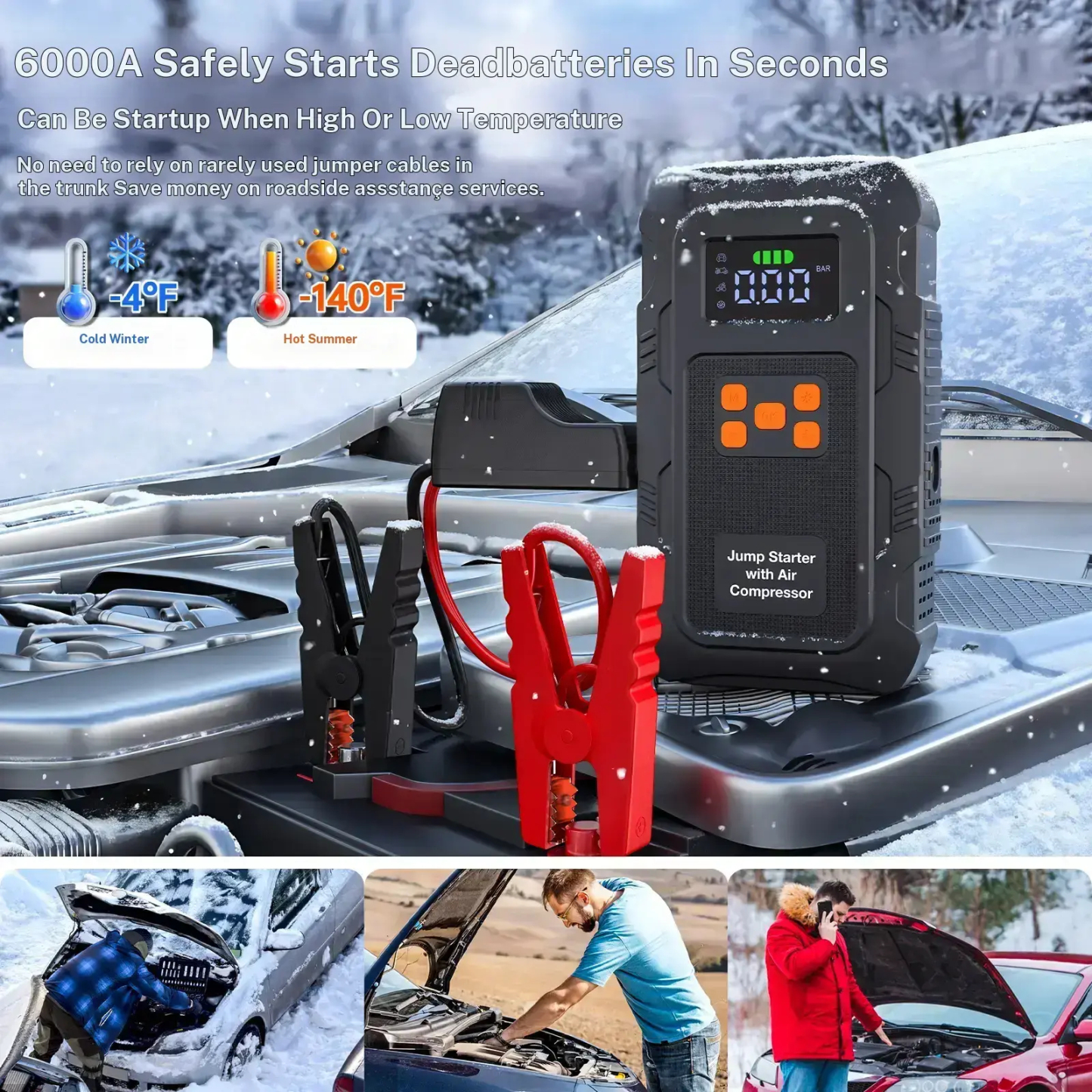【POVASEE】 Arrancador portátil todo en uno de 6000 A/24000 mAh con batería externa de 12 V y compresor de aire de 150 PSI para arranque de coche e inflado de neumáticos. Pantalla LCD inteligente.