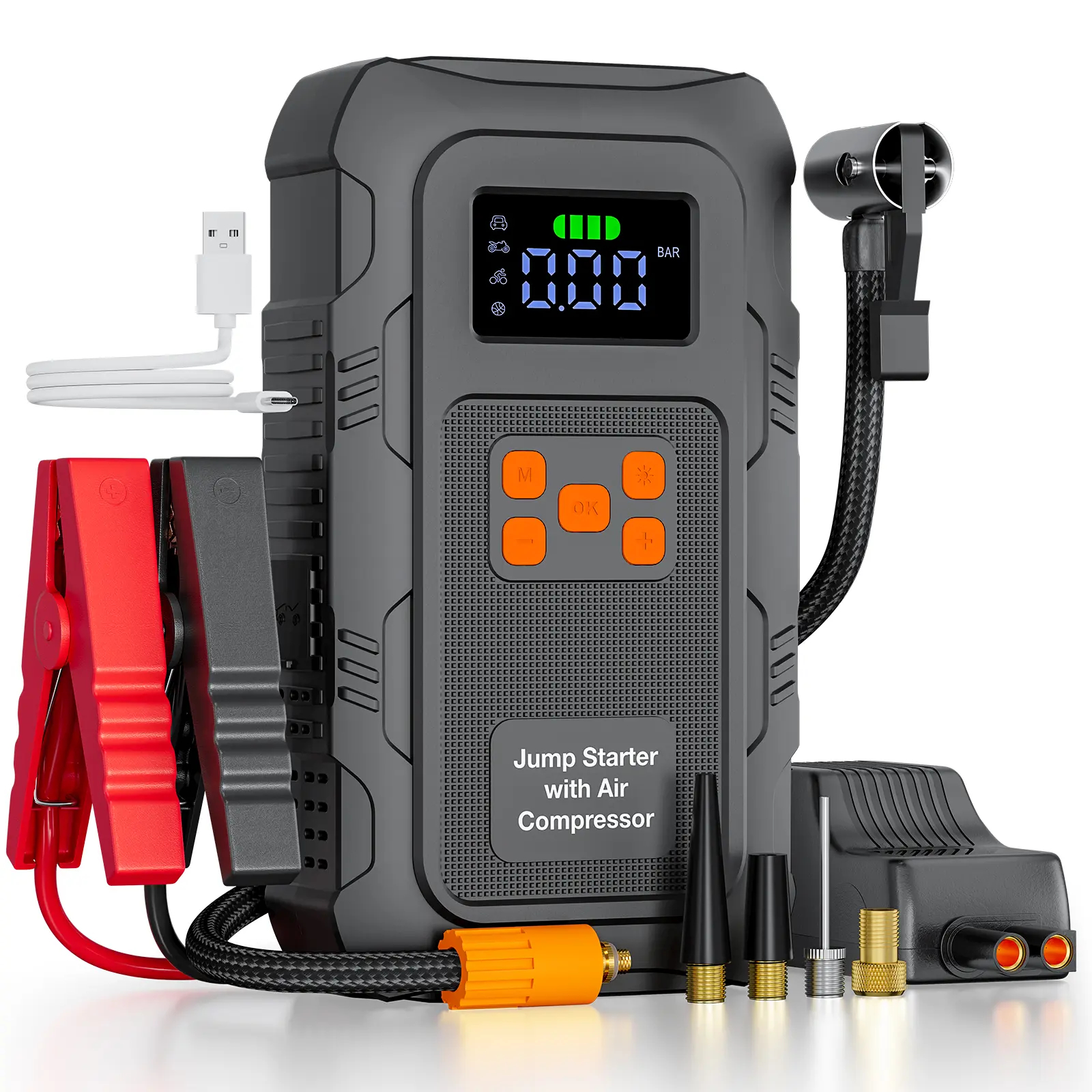 【POVASEE】 Arrancador portátil todo en uno de 6000 A/24000 mAh con batería externa de 12 V y compresor de aire de 150 PSI para arranque de coche e inflado de neumáticos. Pantalla LCD inteligente.