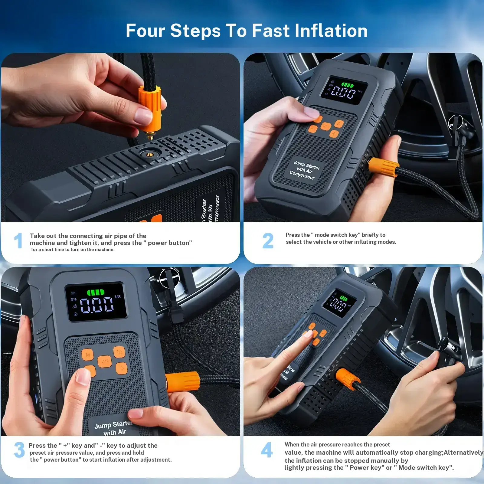 【POVASEE】 Arrancador portátil todo en uno de 6000 A/24000 mAh con batería externa de 12 V y compresor de aire de 150 PSI para arranque de coche e inflado de neumáticos. Pantalla LCD inteligente.