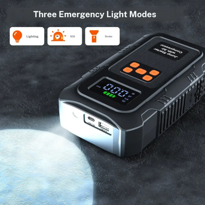 【POVASEE】 Arrancador portátil todo en uno de 6000 A/24000 mAh con batería externa de 12 V y compresor de aire de 150 PSI para arranque de coche e inflado de neumáticos. Pantalla LCD inteligente.