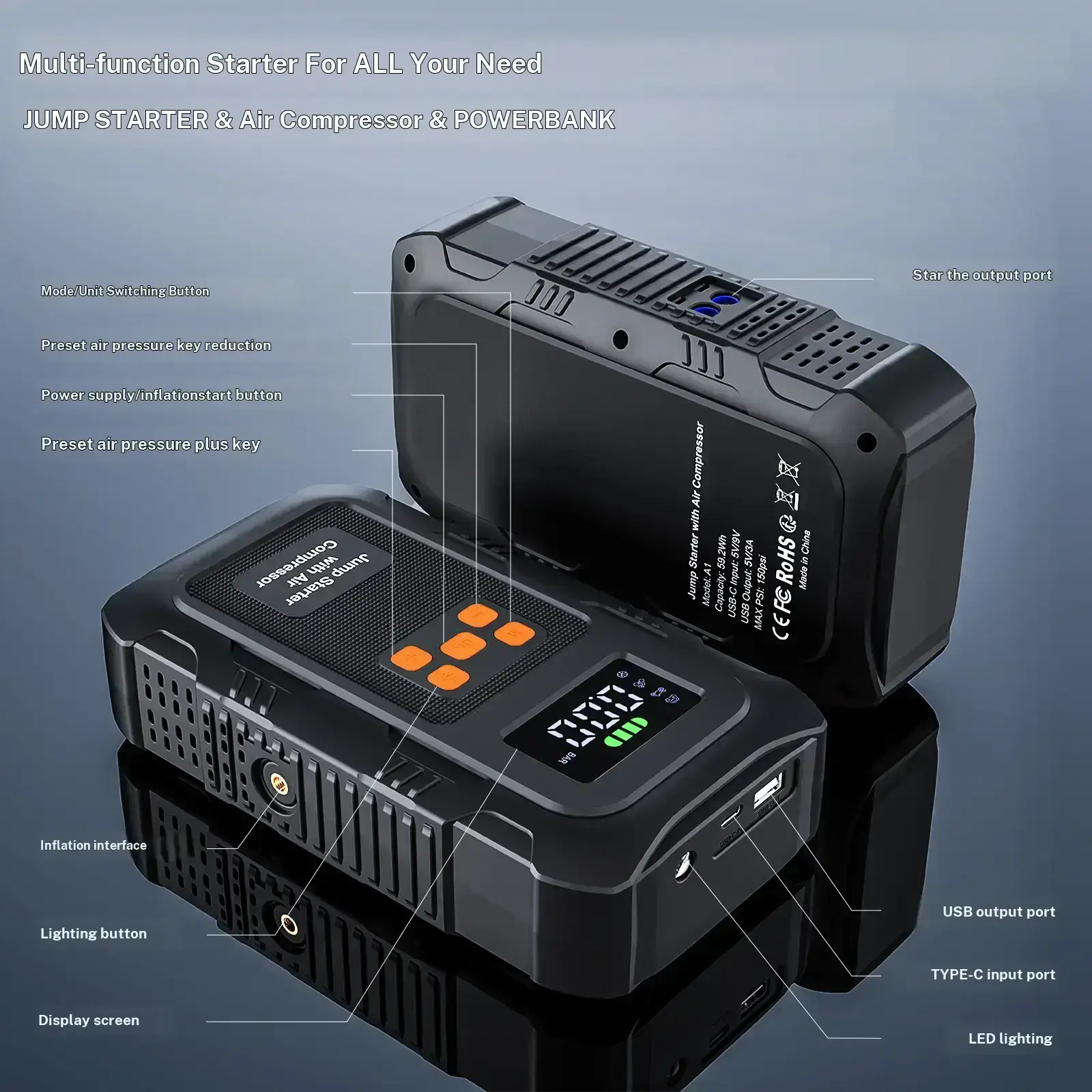 【POVASEE】 Arrancador portátil todo en uno de 6000 A/24000 mAh con batería externa de 12 V y compresor de aire de 150 PSI para arranque de coche e inflado de neumáticos. Pantalla LCD inteligente.
