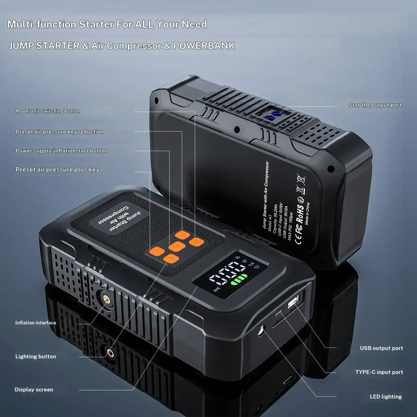 【POVASEE】 Arrancador portátil todo en uno de 6000 A/24000 mAh con batería externa de 12 V y compresor de aire de 150 PSI para arranque de coche e inflado de neumáticos. Pantalla LCD inteligente.