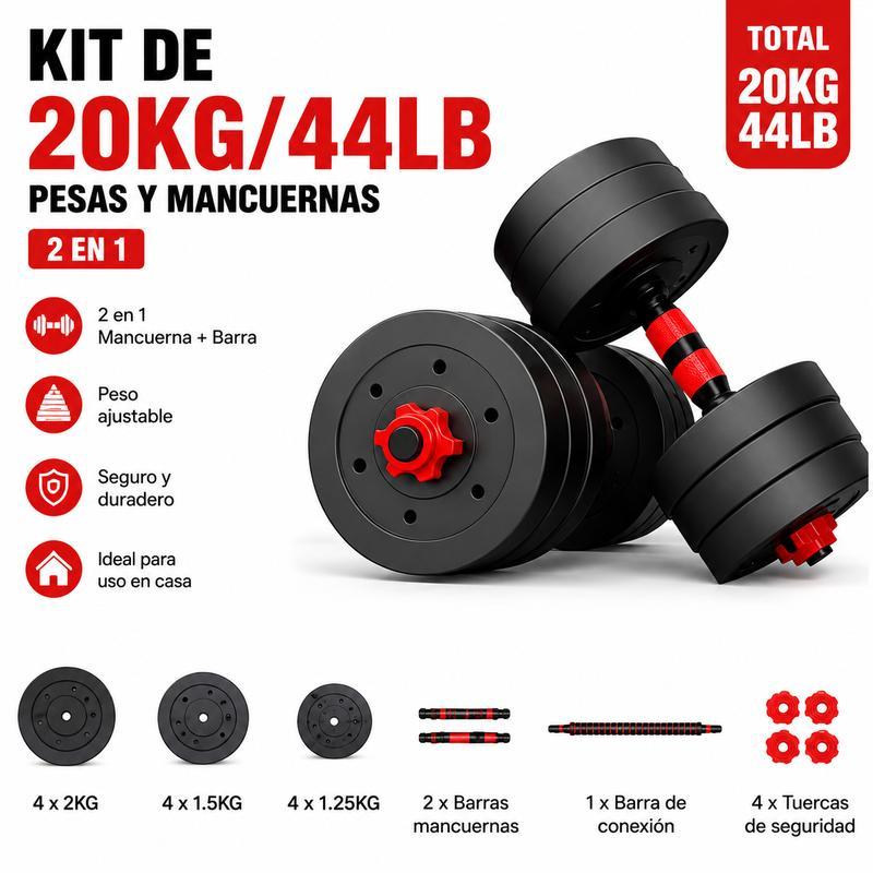 Set de Mancuernas y Barra Ajustable 2 en 1 de 20 kg, Kit de Pesas Multifuncional para Entrenamiento de Fuerza y Gimnasio en Casa, Color Rojo
