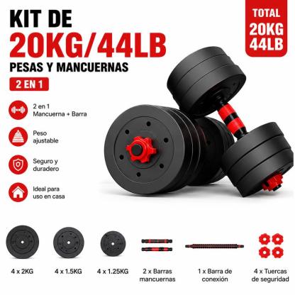 Set de Mancuernas y Barra Ajustable 2 en 1 de 20 kg, Kit de Pesas Multifuncional para Entrenamiento de Fuerza y Gimnasio en Casa, Color Rojo