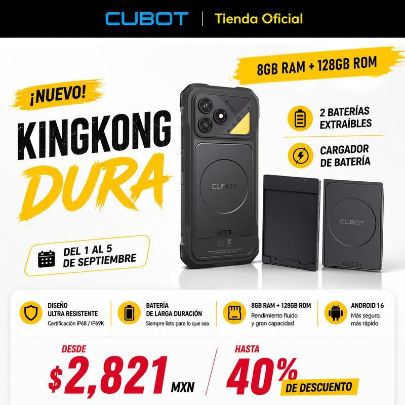Cubot Kingkong Dura Robusto Dual Sim 128/256 Gb Negro 8/12 Gb Ram (ampliable Hasta 20 Gb) 2 Baterías Extraíbles de 5000 mAh + Cargador de Baterías Android 16 A