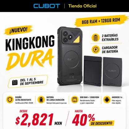Cubot Kingkong Dura Robusto Dual Sim 128/256 Gb Negro 8/12 Gb Ram (ampliable Hasta 20 Gb) 2 Baterías Extraíbles de 5000 mAh + Cargador de Baterías Android 16  A