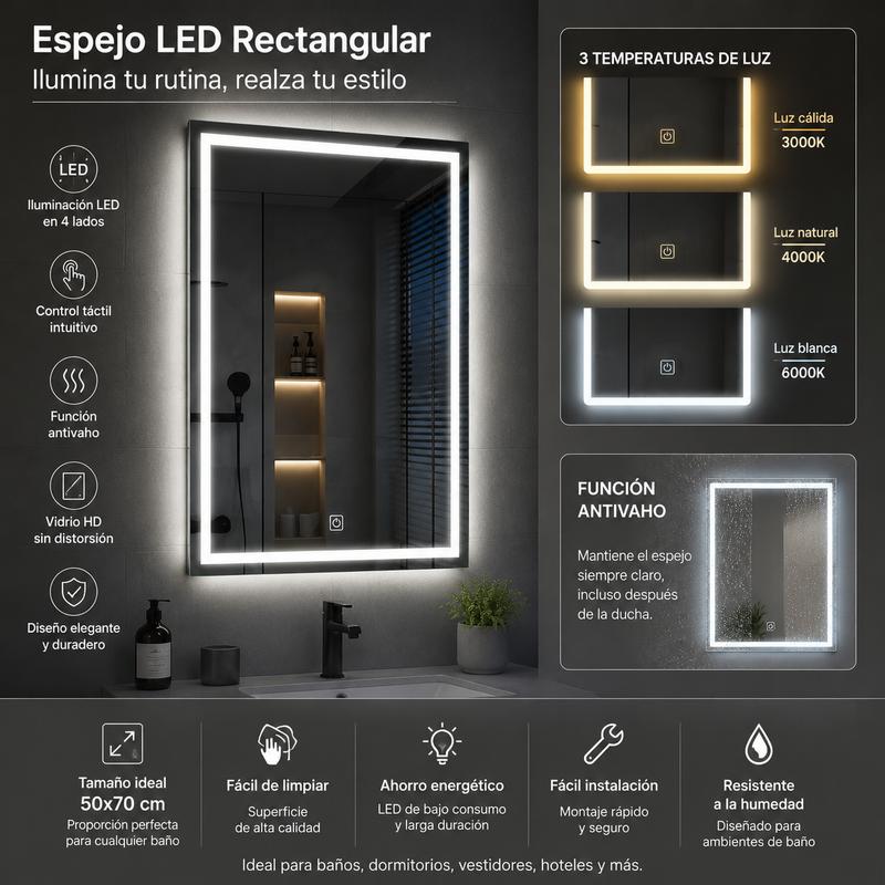 Espejo Rectangular Inteligente de Baño 50×70 cm, Cristal Templado 3,5 mm, Acabado Sandblast, Pantalla Táctil, Función Antivaho, Reloj Integrado, Tres Modos de Luz LED, Espejo de Pared con Luz LED para Baño y Tocador de Maquillaje