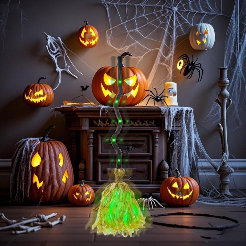 Luz de escoba de bruja para Halloween, escoba led con sonido activado, escoba dinámica de 35 pulgadas con leds, sonidos espeluznantes, decoración para interiores/ exteriores, luces led para exteriores