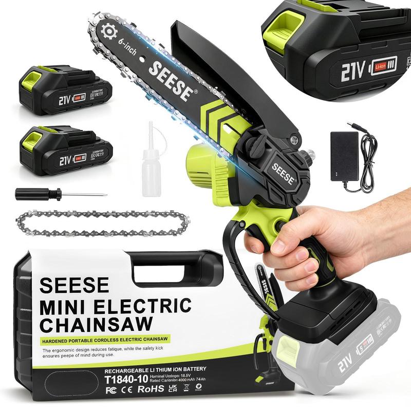 SEESE Mini motosierra inalámbrica 6”, motor sin escobillas,Equipado con dos baterías de 2000 mAh y 21 V – Ideal para poda, jardinería y corte de madera
