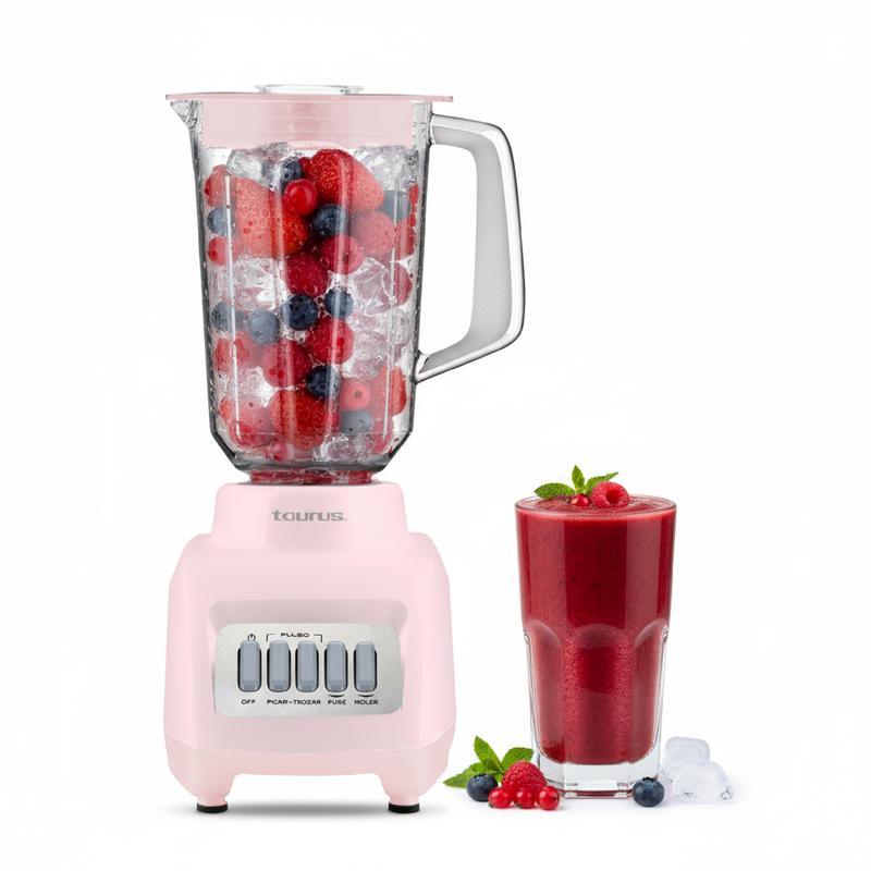 Licuadora Rosa Taurus Granite Ribbon Vaso de Vidrio 1.5L 500W , 4 Velocidades + Pulso, Smoothies, Salsas y Más Fácil y Rápido