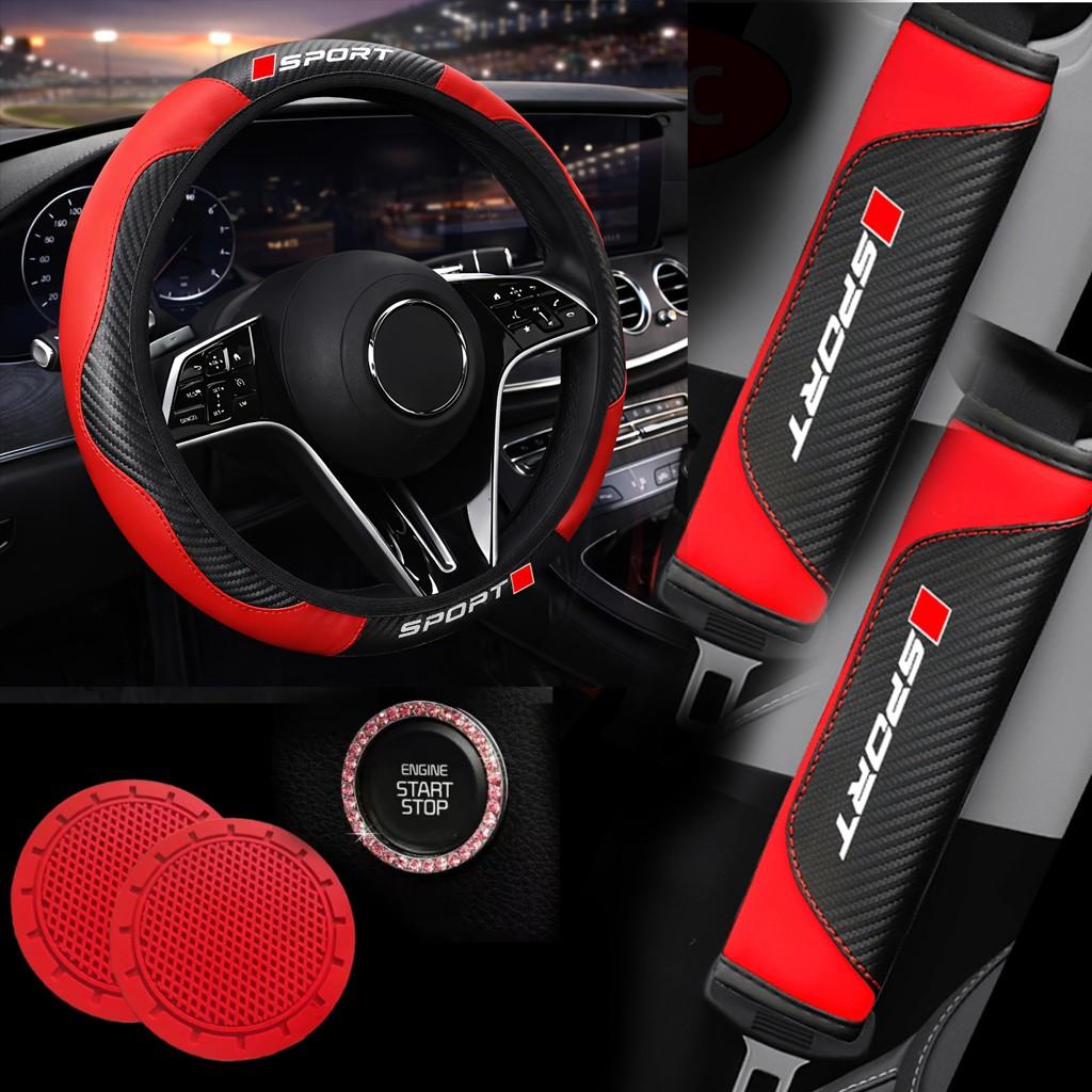 6-Piece Car Interior Kit, Bubble Carbon-Fiber Steering Wheel Cover, Seat Belt Cover and Armrest Pad, Universal Fit Fashion-Neutral Set, Car Interior Decoration, Car Interior Accessories, Car Decor Gift