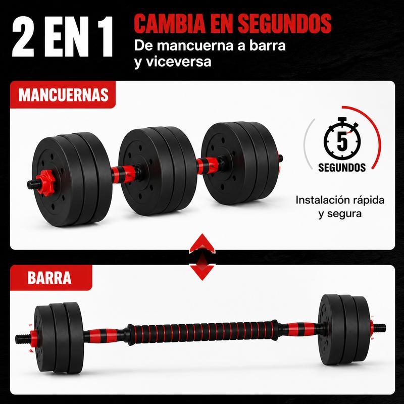 Set de Mancuernas y Barra Ajustable 2 en 1 de 20 kg, Kit de Pesas Multifuncional para Entrenamiento de Fuerza y Gimnasio en Casa, Color Rojo