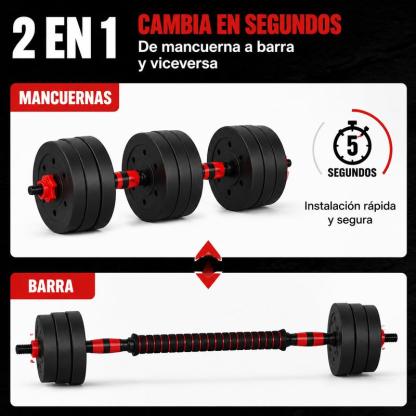 Set de Mancuernas y Barra Ajustable 2 en 1 de 20 kg, Kit de Pesas Multifuncional para Entrenamiento de Fuerza y Gimnasio en Casa, Color Rojo