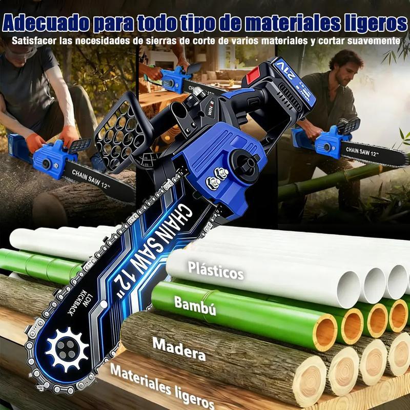 Motosierra Inalámbrica WANSE de 12\" con 2 Baterías y 5 Cadenas para Poda y Jardinería