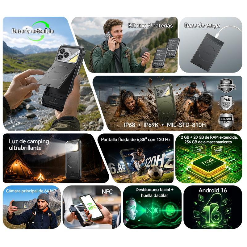 Cubot Kingkong Dura Robusto Dual Sim 128/256 Gb Negro 8/12 Gb Ram (ampliable Hasta 20 Gb) 2 Baterías Extraíbles de 5000 mAh + Cargador de Baterías Android 16  A