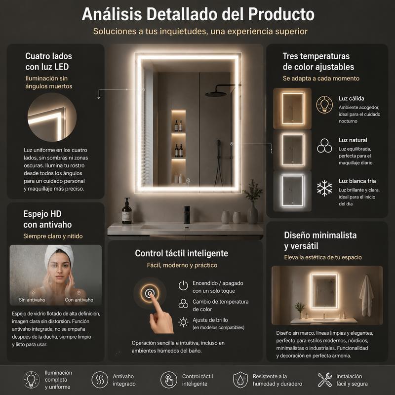 Espejo Rectangular Inteligente de Baño 50×70 cm, Cristal Templado 3,5 mm, Acabado Sandblast, Pantalla Táctil, Función Antivaho, Reloj Integrado, Tres Modos de Luz LED, Espejo de Pared con Luz LED para Baño y Tocador de Maquillaje