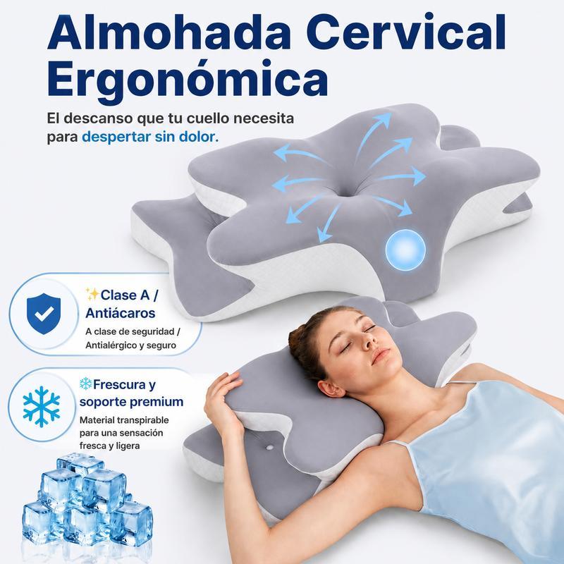 2piezas Almohada cervical de mariposa, espuma viscoelástica con doble altura , tela transpirable agradable al tacto, soporte ergonómico para el cuello para aliviar el sueño, gris y blanco