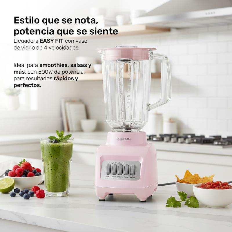 Licuadora Rosa Taurus Granite Ribbon Vaso de Vidrio 1.5L 500W , 4 Velocidades + Pulso, Smoothies, Salsas y Más Fácil y Rápido