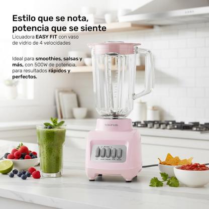 Licuadora Rosa Taurus Granite Ribbon Vaso de Vidrio 1.5L 500W , 4 Velocidades + Pulso, Smoothies, Salsas y Más Fácil y Rápido
