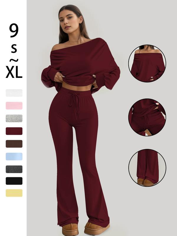One Shoulder Long Sleeve Loose Crop Top and High Waist Drawstring Skinny Vintage Bell Pants, Yoga Fitness Workout, Spring & Fall Casual Style