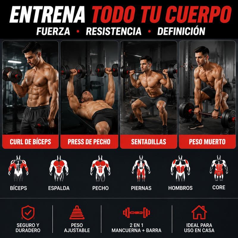 Set de Mancuernas y Barra Ajustable 2 en 1 de 20 kg, Kit de Pesas Multifuncional para Entrenamiento de Fuerza y Gimnasio en Casa, Color Rojo