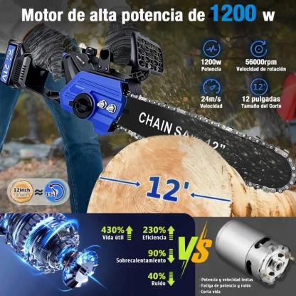 Motosierra Inalámbrica WANSE de 12\" con 2 Baterías y 5 Cadenas para Poda y Jardinería