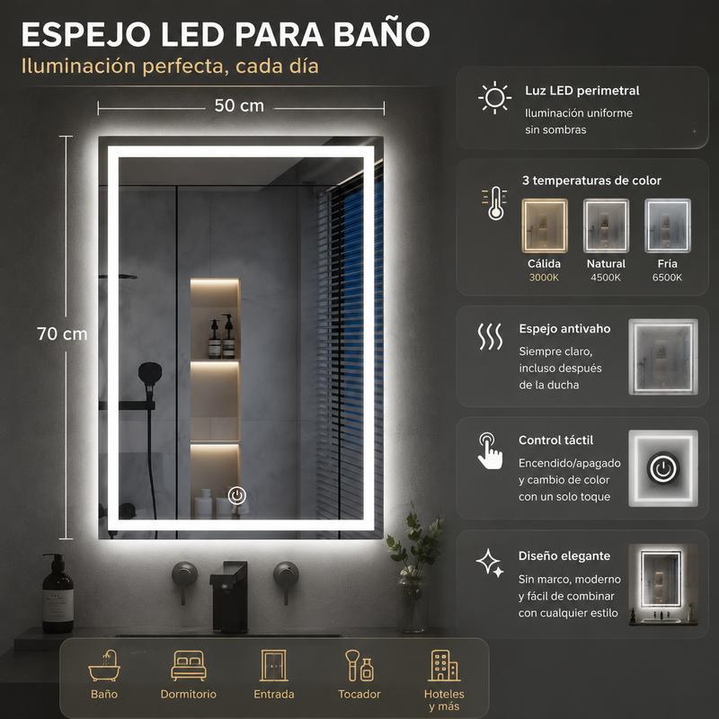 Espejo Rectangular Inteligente de Baño 50×70 cm, Cristal Templado 3,5 mm, Acabado Sandblast, Pantalla Táctil, Función Antivaho, Reloj Integrado, Tres Modos de Luz LED, Espejo de Pared con Luz LED para Baño y Tocador de Maquillaje