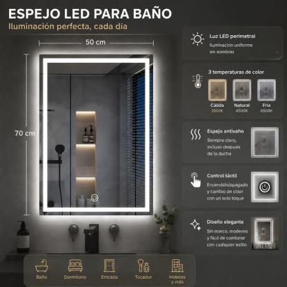 Espejo Rectangular Inteligente de Baño 50×70 cm, Cristal Templado 3,5 mm, Acabado Sandblast, Pantalla Táctil, Función Antivaho, Reloj Integrado, Tres Modos de Luz LED, Espejo de Pared con Luz LED para Baño y Tocador de Maquillaje