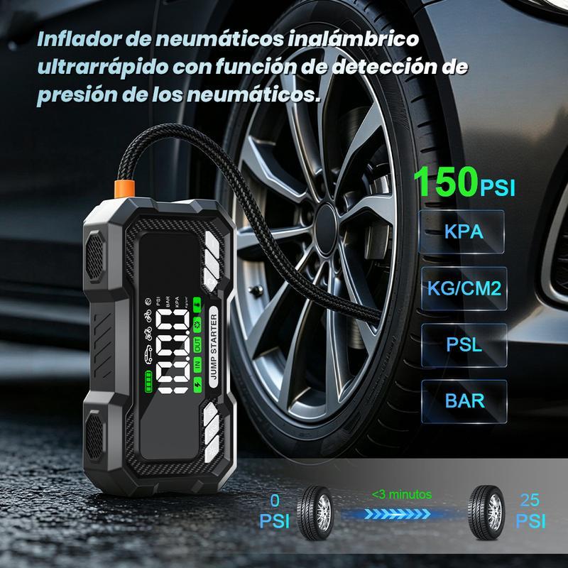 Arrancador de Batería Portátil 15000mAh con Compresor de Aire 150PSI para Auto, Moto y Emergencias