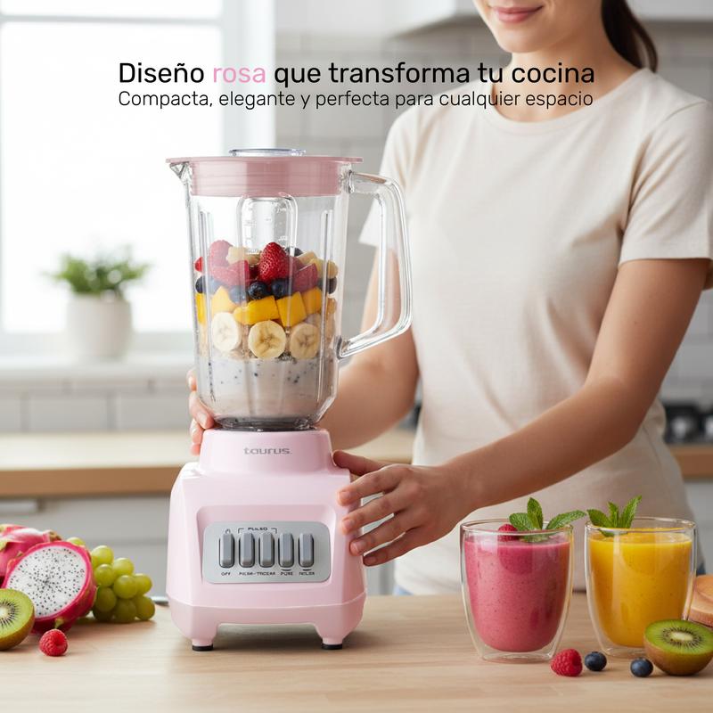 Licuadora Rosa Taurus Granite Ribbon Vaso de Vidrio 1.5L 500W , 4 Velocidades + Pulso, Smoothies, Salsas y Más Fácil y Rápido