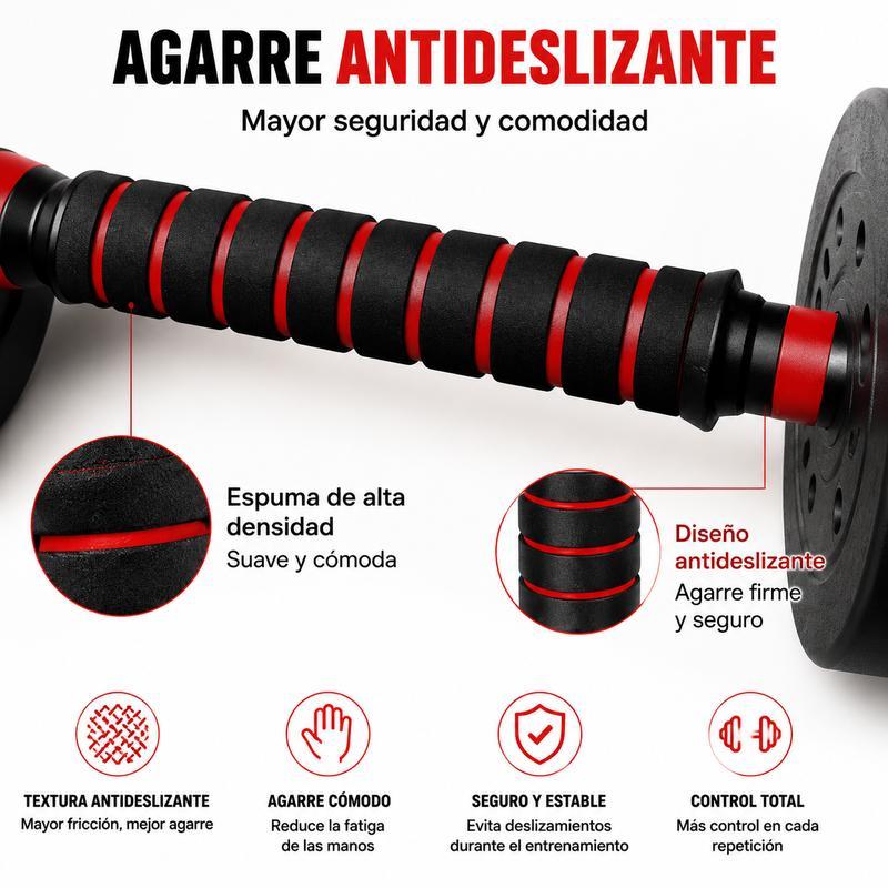 Set de Mancuernas y Barra Ajustable 2 en 1 de 20 kg, Kit de Pesas Multifuncional para Entrenamiento de Fuerza y Gimnasio en Casa, Color Rojo