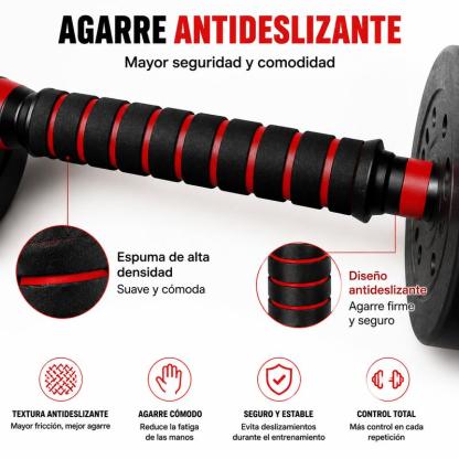 Set de Mancuernas y Barra Ajustable 2 en 1 de 20 kg, Kit de Pesas Multifuncional para Entrenamiento de Fuerza y Gimnasio en Casa, Color Rojo