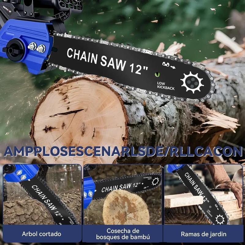 Motosierra Inalámbrica WANSE de 12\" con 2 Baterías y 5 Cadenas para Poda y Jardinería