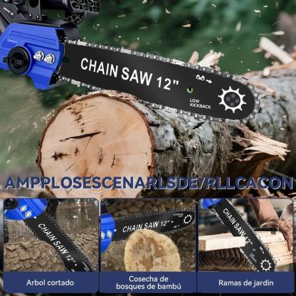 Motosierra Inalámbrica WANSE de 12\" con 2 Baterías y 5 Cadenas para Poda y Jardinería