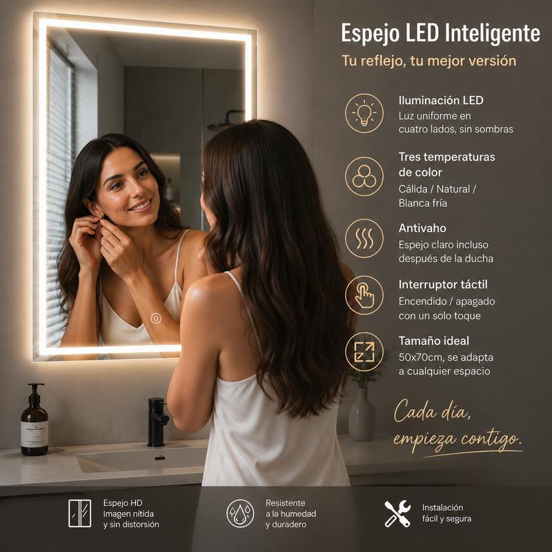 Espejo Rectangular Inteligente de Baño 50×70 cm, Cristal Templado 3,5 mm, Acabado Sandblast, Pantalla Táctil, Función Antivaho, Reloj Integrado, Tres Modos de Luz LED, Espejo de Pared con Luz LED para Baño y Tocador de Maquillaje