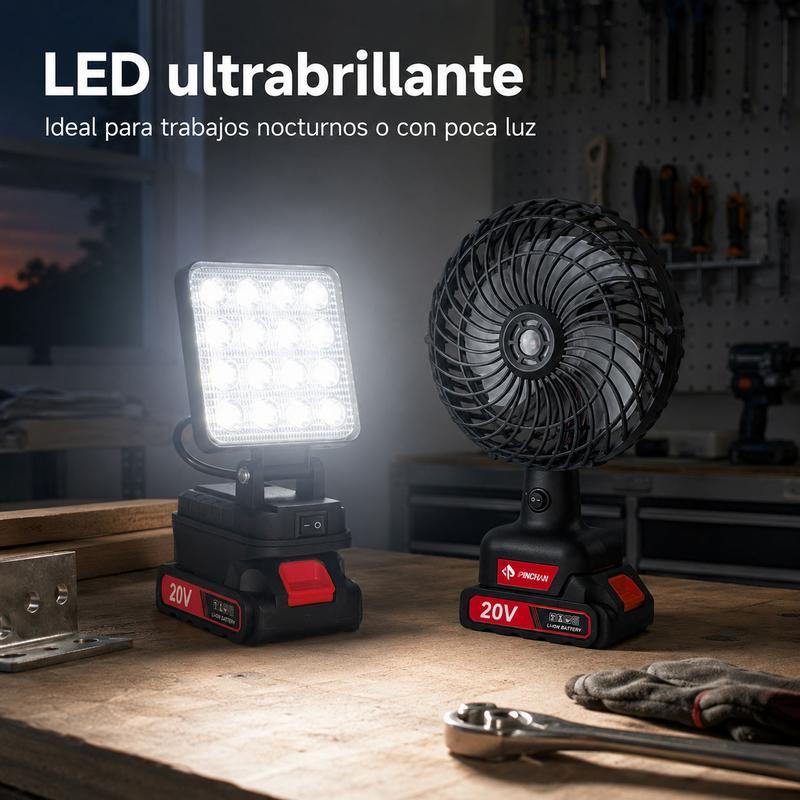 Ventilador recargable de 20 V   lámpara LED  diseño portátil  utilizable en cualquier momento y lugar  lámpara de trabajo exterior con 16 diodos LED  2 Baterías