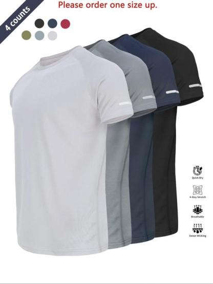 Reflective Sportswear T-Shirt, Breathable Quick-Dry Short Sleeve Crew Neck, Lightweight Men's Athletic Tee, Gym Top, Ideal for Outdoor Activities, Outdoor Clothing, Breathable Sports T-Shirt