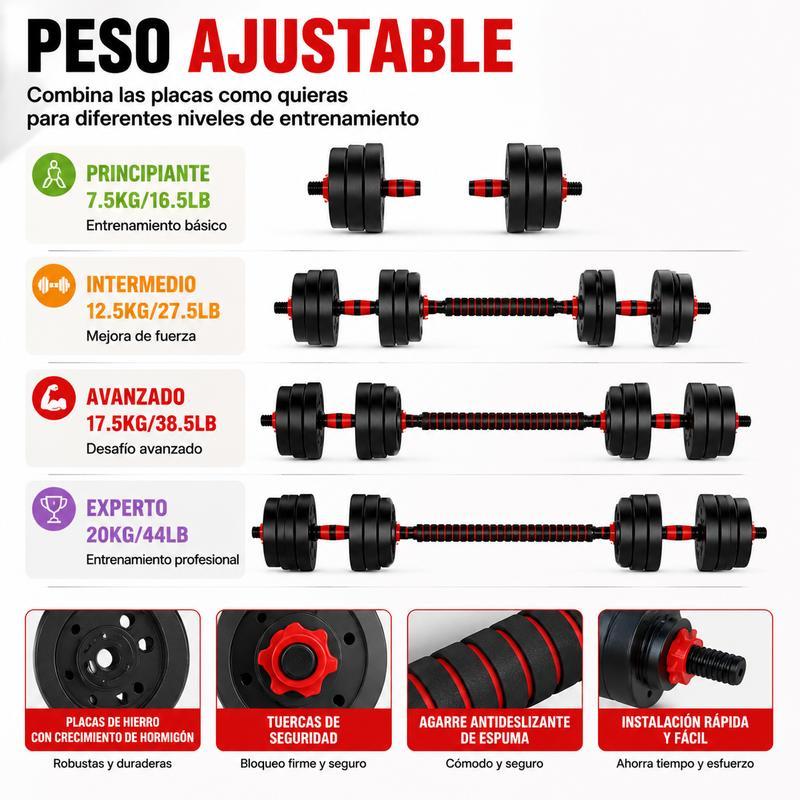 Set de Mancuernas y Barra Ajustable 2 en 1 de 20 kg, Kit de Pesas Multifuncional para Entrenamiento de Fuerza y Gimnasio en Casa, Color Rojo