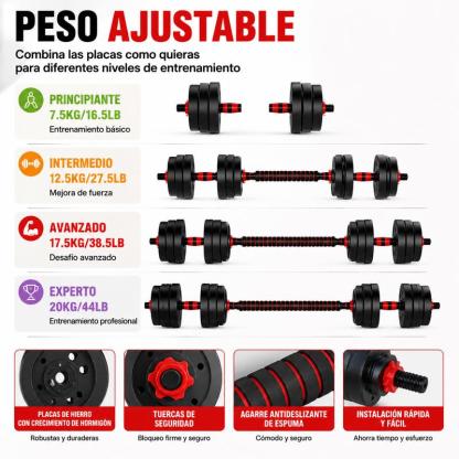 Set de Mancuernas y Barra Ajustable 2 en 1 de 20 kg, Kit de Pesas Multifuncional para Entrenamiento de Fuerza y Gimnasio en Casa, Color Rojo