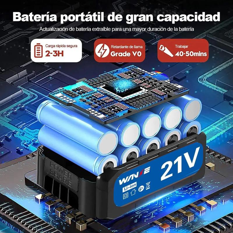 Motosierra Inalámbrica WANSE de 12\" con 2 Baterías y 5 Cadenas para Poda y Jardinería